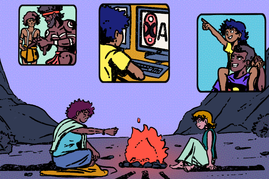 Cartoon image that has four scenes. The main scene is of an older First Nations woman and a younger First Nations girl sitting by a fire yarning. In the top left is a small scene of an older First Nations man and a young boy in traditional body paint. The older man holds a boomerang and looks to be explaining something to the boy. The middle scene is of a young child on a computer looking at the AIATSIS logo. The third scene is of a older man with a younger child on their shoulders. They are both smiling.
