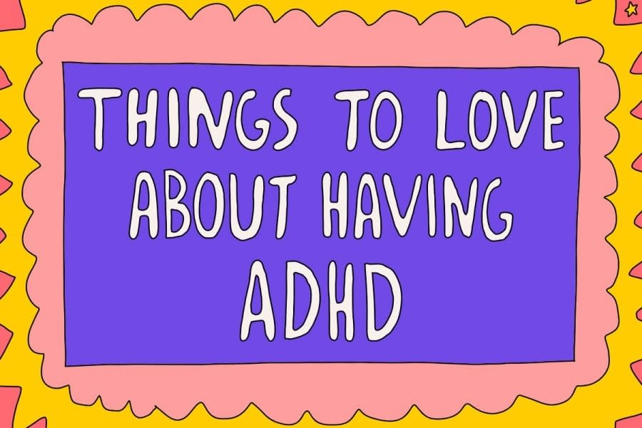 Banner image with cartoon text saying 'THINGS TO LOVE ABOUT HAVING ADHD' with purple background, and pink, yellow and red squiggly border lines.