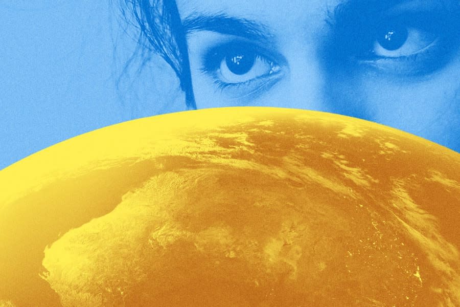 A stylized image of a zoomed in face of a young woman, superimposed over a photo of the earth's face taken from outer space. The woman has been edited to look blue and the earth is yellow.