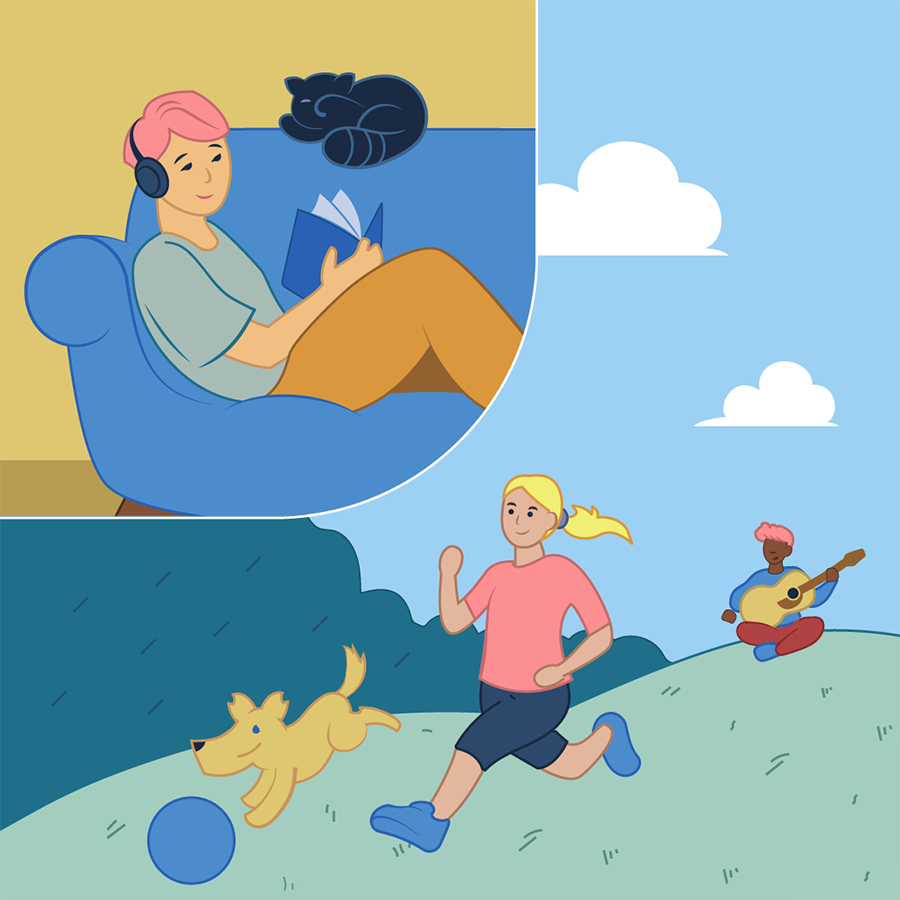 Illustration of three young people practising self-care. A young woman runs through a park with her dog while a young man sits on a hill behind her in the park, playing a guitar. In the corner is an illustration of a young person sitting on a lounge with headphones on and reading a book. Their cat is curled up next to them on the lounge.