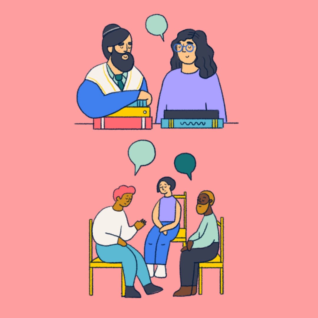 illustration of young person talking to religious leader and in a support group