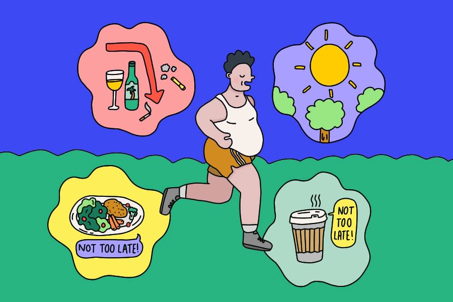 Illustration of a person running. Around them are four circles will small illustrations in each. The first is of a sun shining over some trees, the second is of a takeaway coffee cup with a speech bubble that reads "not too late!", the third is of a plate of food with a speech bubble that reads "not too late!", and the fourth is of some alcohol and cigarette with a red arrow pointing down. 