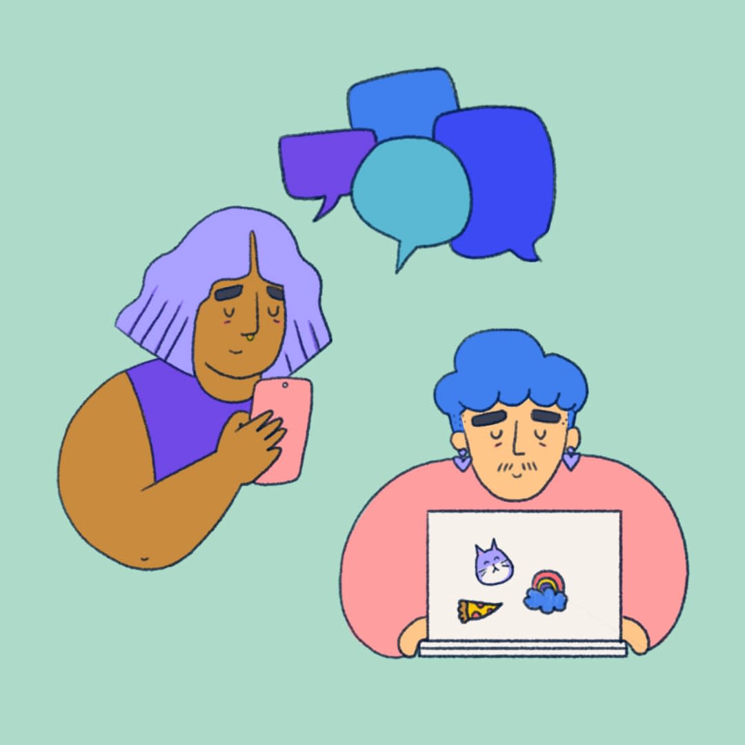illustration of a young person texting on phone with a peer worker