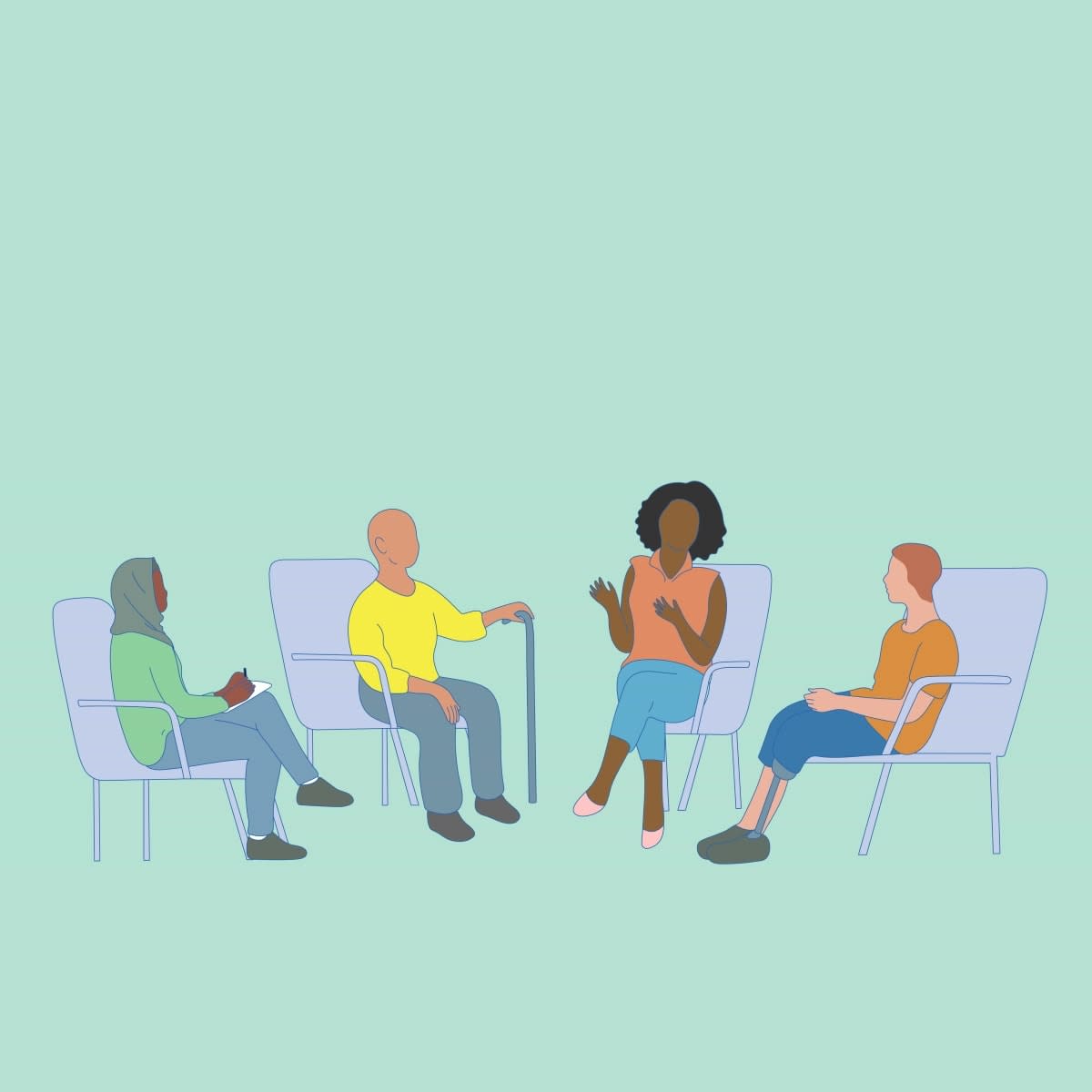 Four people sitting on chairs talking (1)
