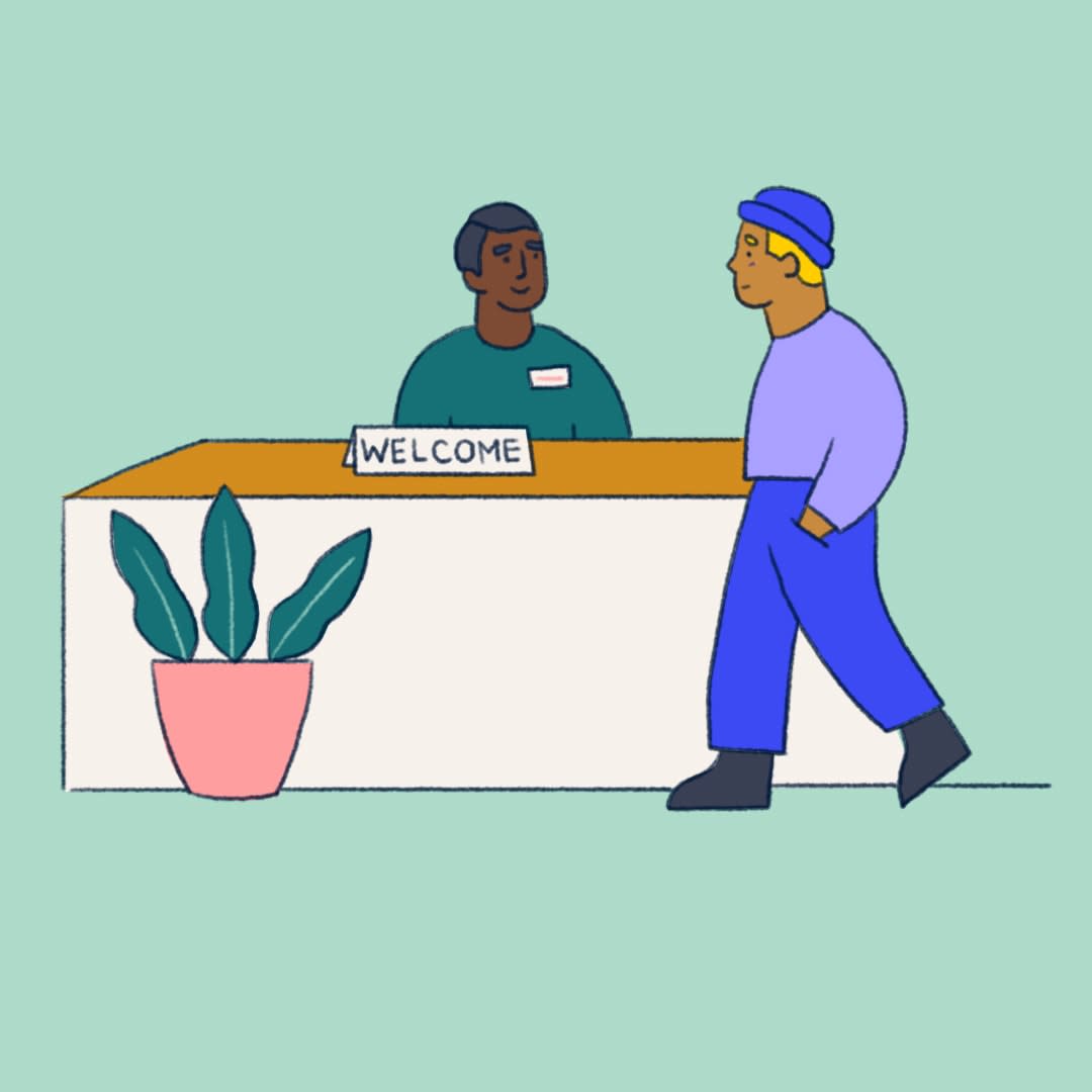 illustration of young person talking to receptionist