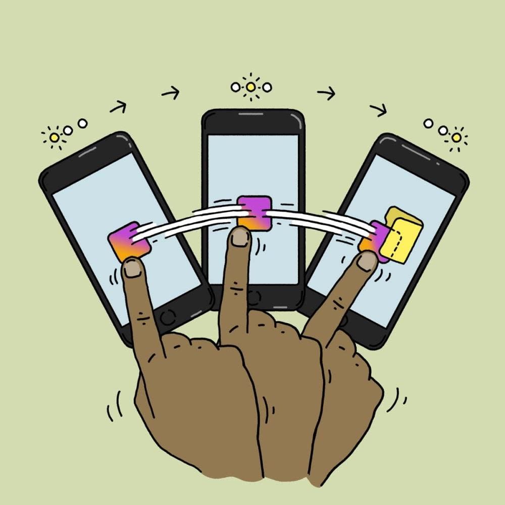 cartoon graphic of finger swiping on phone putting app into folder