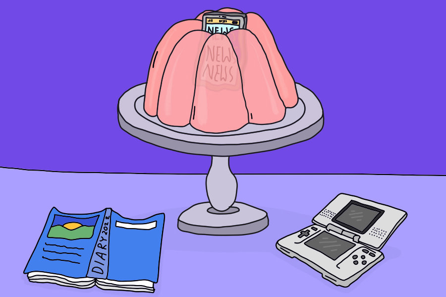 A cartoon image of a smartphone stuck in some jelly with a nintendo ds and a diary next to it.