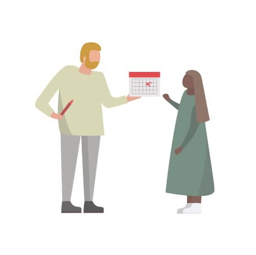 illustration of father and daughter indicating day on calendar