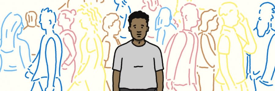 a cartoon image of a person surrounded by other people but still feeling isolated