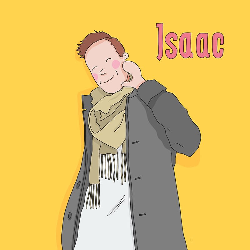 isaac cartoon man in coat and scarf smiling