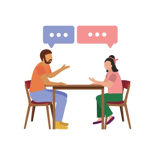 illustration of father and daughter sitting at table talking 