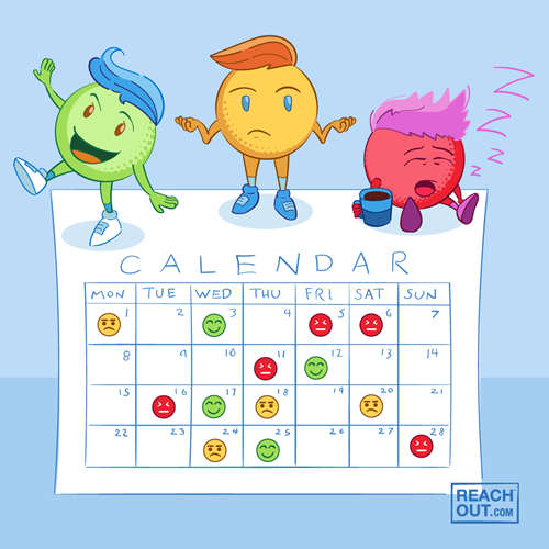 Illustration of traffic light characters sitting on top of calendar. The green character is happy and energetic, the yellow character is shrugging their arms and looks neutral, the red character is sitting down with their eyes closed. They have a coffee in their hand and big Zs are drifting from their mouth.