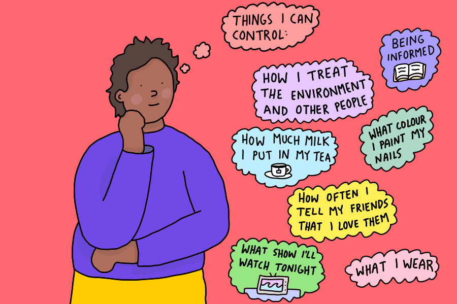 A cartoon image of a person thinking about they can control. Several thought bubbles around them show things they can control, like 'how i treat the environment and other people', 'being informed', 'how much milk i put in my tea', 'what colour i paint my nails', 'how often i tell my friends that i love them', 'what show I'll watch tonight', and 'what I wear'.