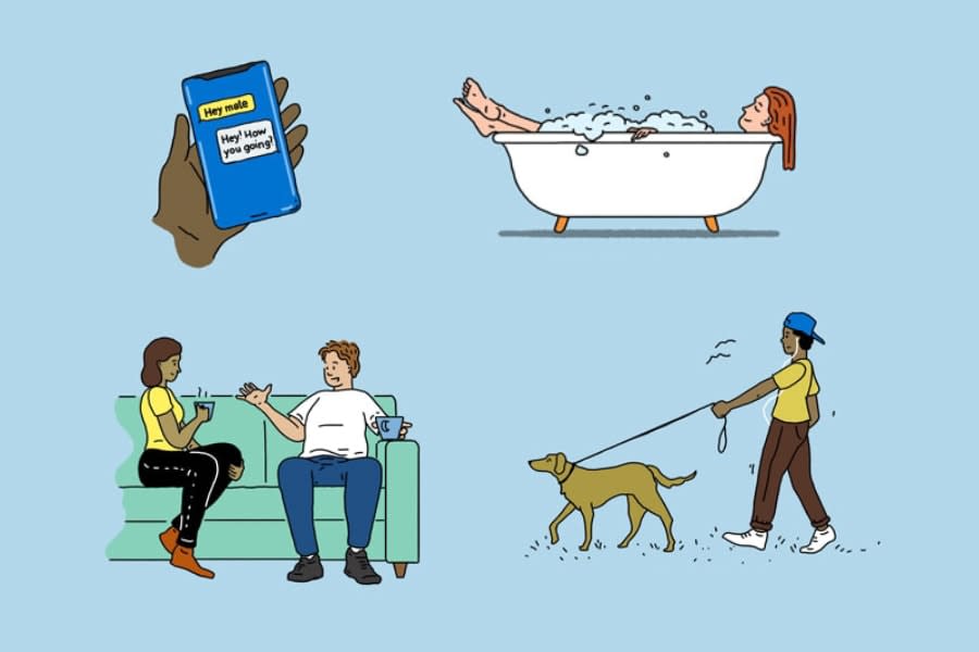 several illustrations of depression self help strategies. the first image is a conversation with a friend on a smartphone. the second images is a person in a bubble bath. the third is a person talking to a friend on their couch. the fourth is a person walking their dog.