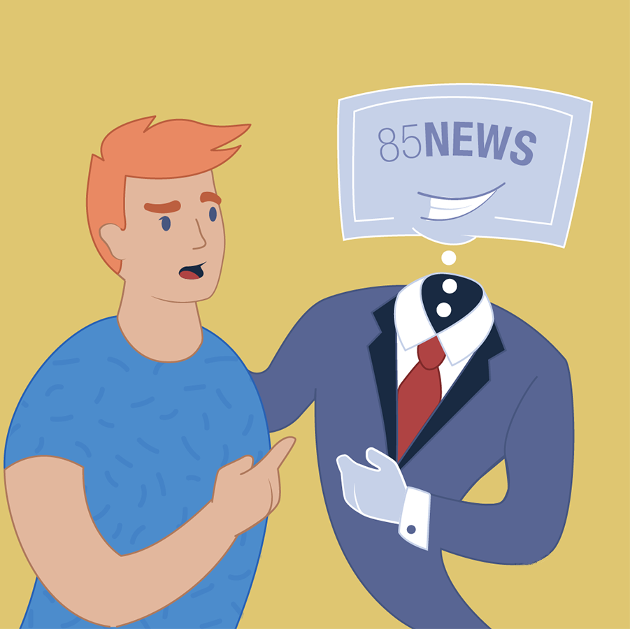 Illustration of young guy standing next to a genie-like figure that is wearing a suit and has a TV for a head. The TV reads '85NEWS'. The two are pointing at each other and the TV figure has his arm around the young person.