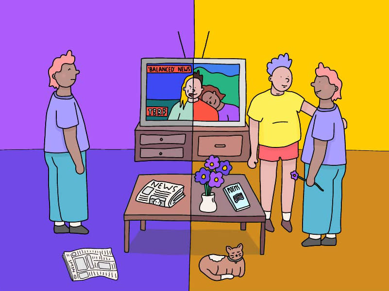 A cartoon with two sides of a lounge room and a line split down the middle. On the left side a sad looking person with brown skin and pink hair is standing watching a news program on one half of the television. The background is purple and there are newspapers on the coffee table and ground. On the right side of the cartoon the same person is smiling and standing next to a friend. They are now holding a flower and there is a vase with flowers and a book of poems on the coffee table. Their friend, who has pale skin and light purple hair, has their arm outstretched in support. The television is showing two people smiling and resting on each other. There is also a happy cat under the coffee table.
