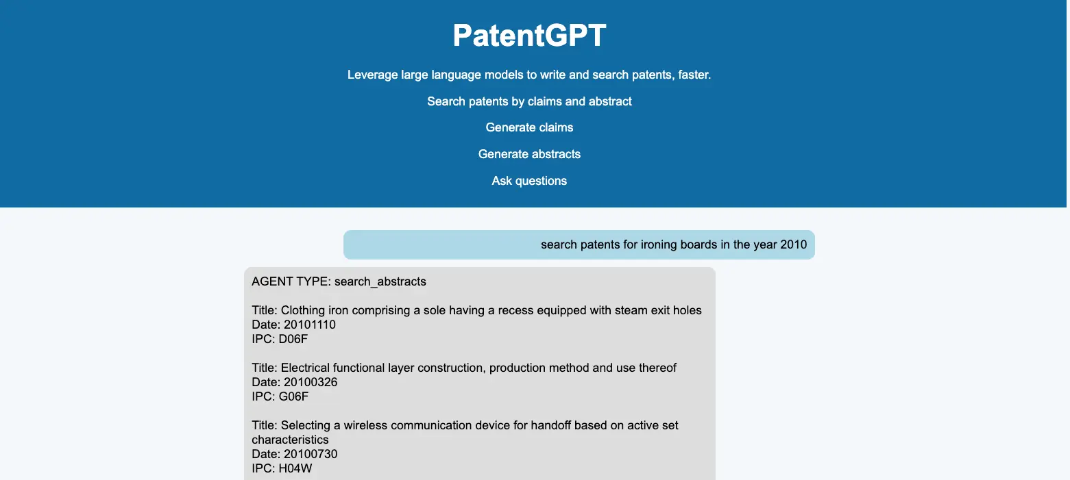 PatentPT UI screenshot - searching for patents