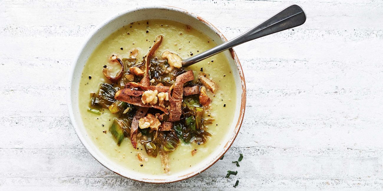 Leek and potato soup with crispy potato skins Leek and potato soup with crispy potato skins