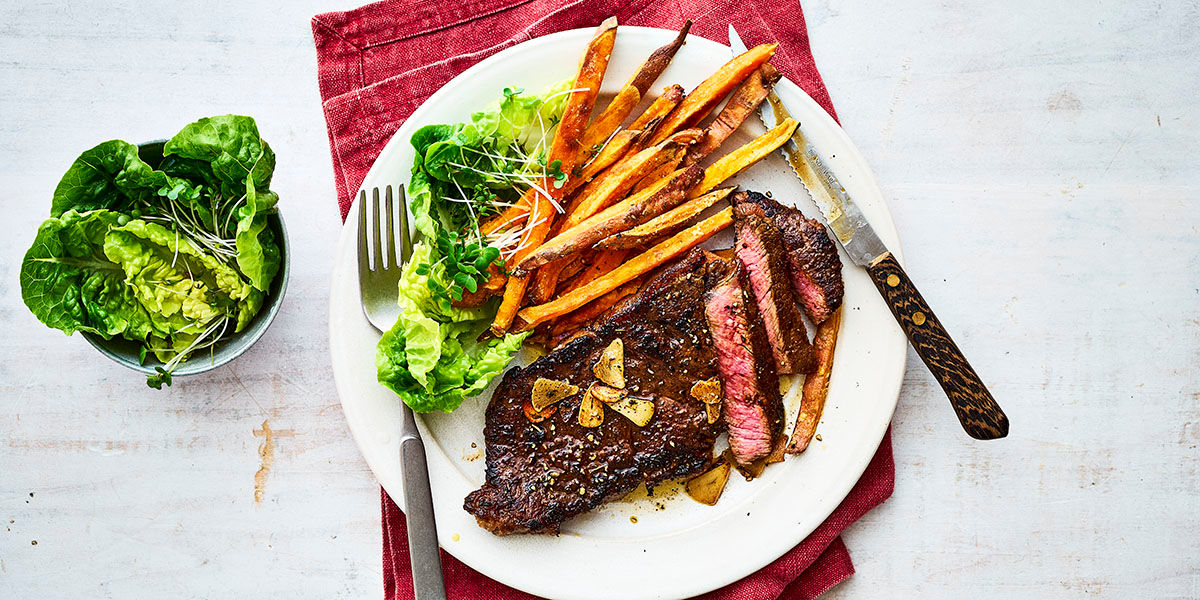 Coffee-rubbed steaks with sweet potato fries Coffee-rubbed steaks with sweet potato fries