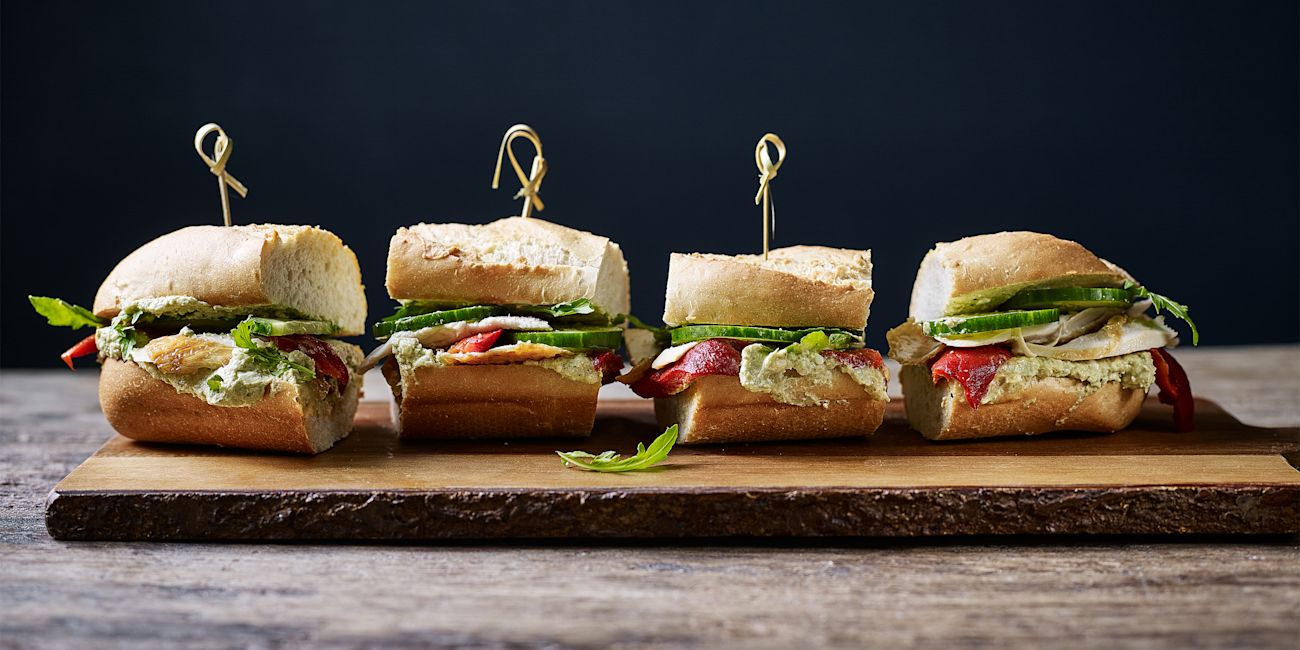 Whipped pesto, chicken and feta sliders Whipped pesto, chicken and feta sliders