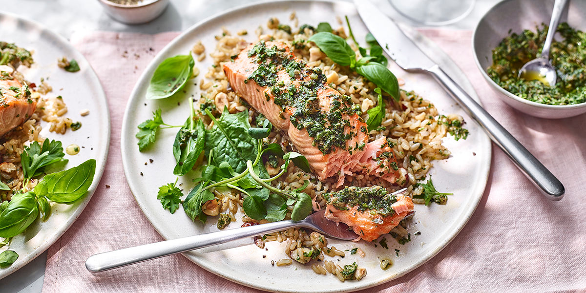 Salsa verde salmon with toasted hazelnuts Salsa verde salmon with toasted hazelnuts