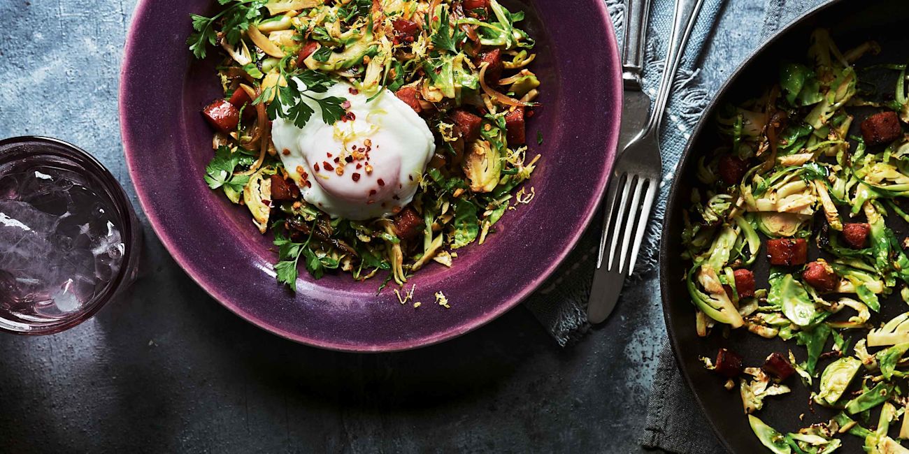 Brussels hash with crispy chorizo and poached egg Brussels hash with crispy chorizo and poached egg