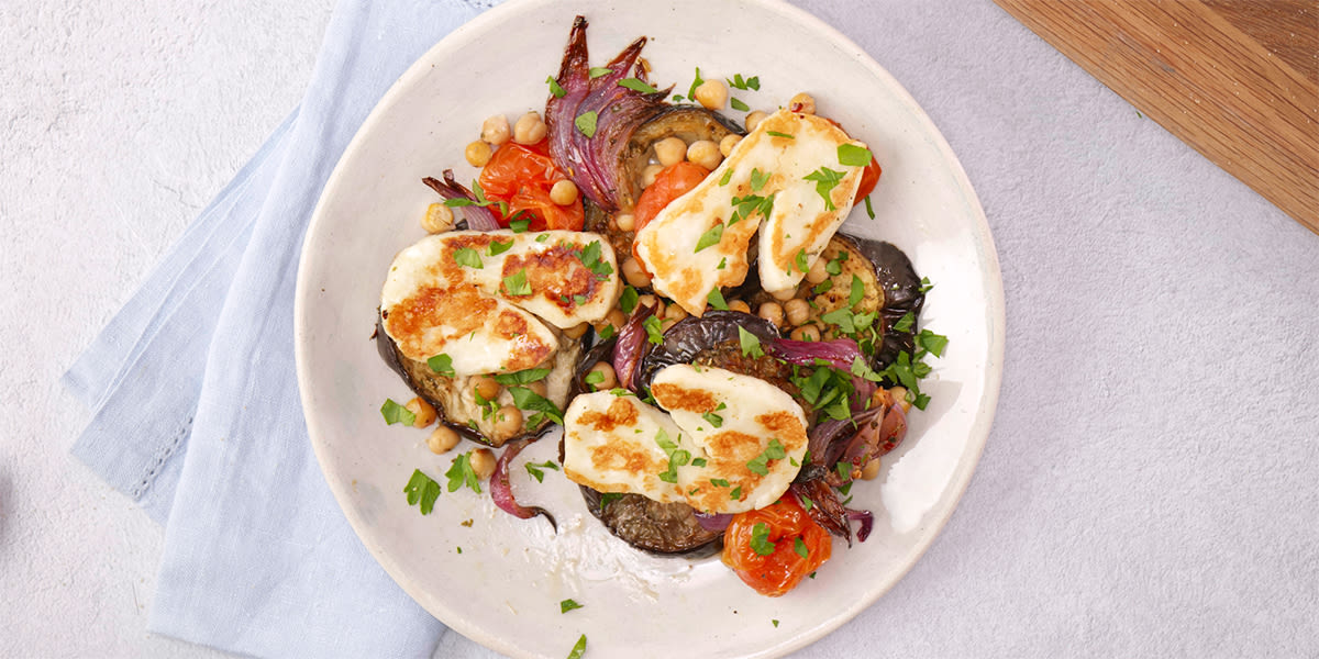 Aubergine, halloumi and chick pea traybake Aubergine, halloumi and chick pea traybake