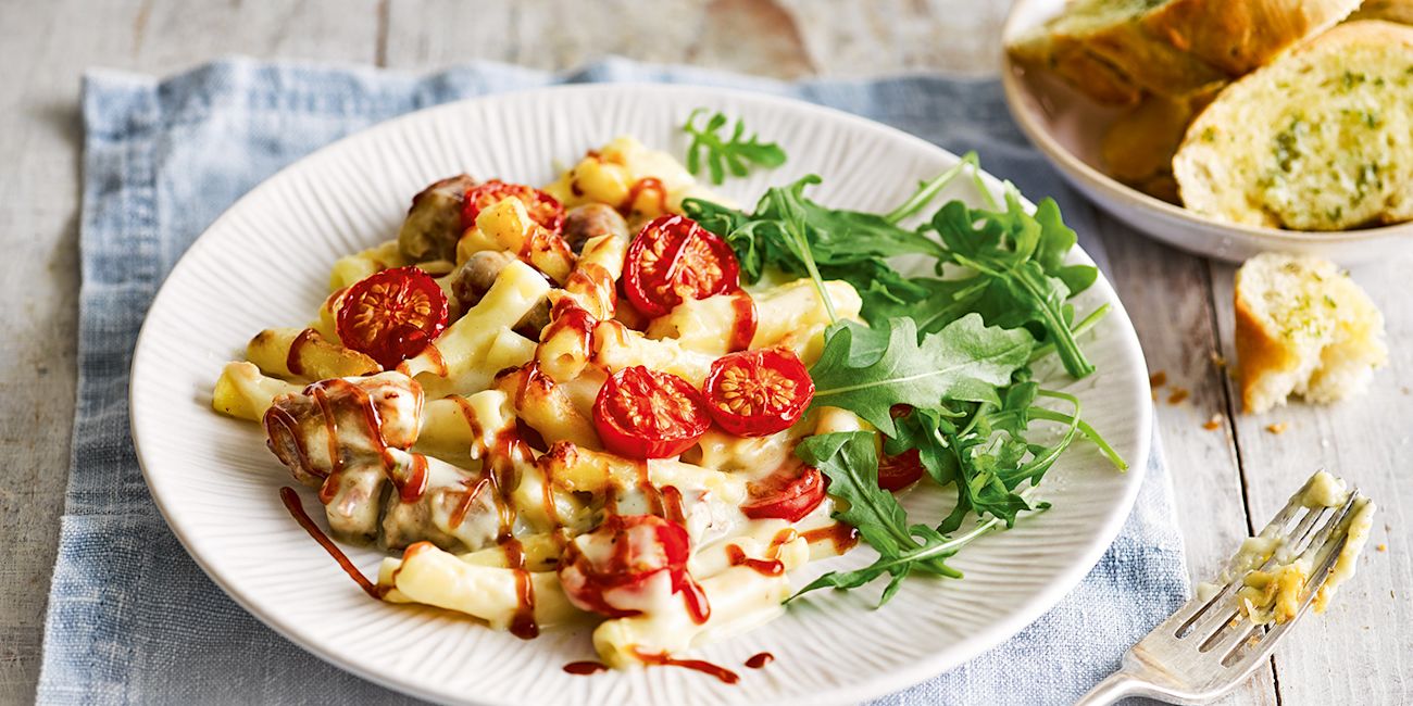 Mac, cheese and festive sausages Mac, cheese and festive sausages