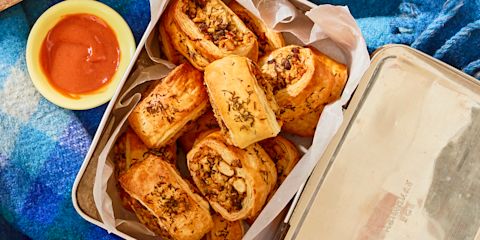 Vegan mushroom and cannellini bean rolls with spicy tomato dip
