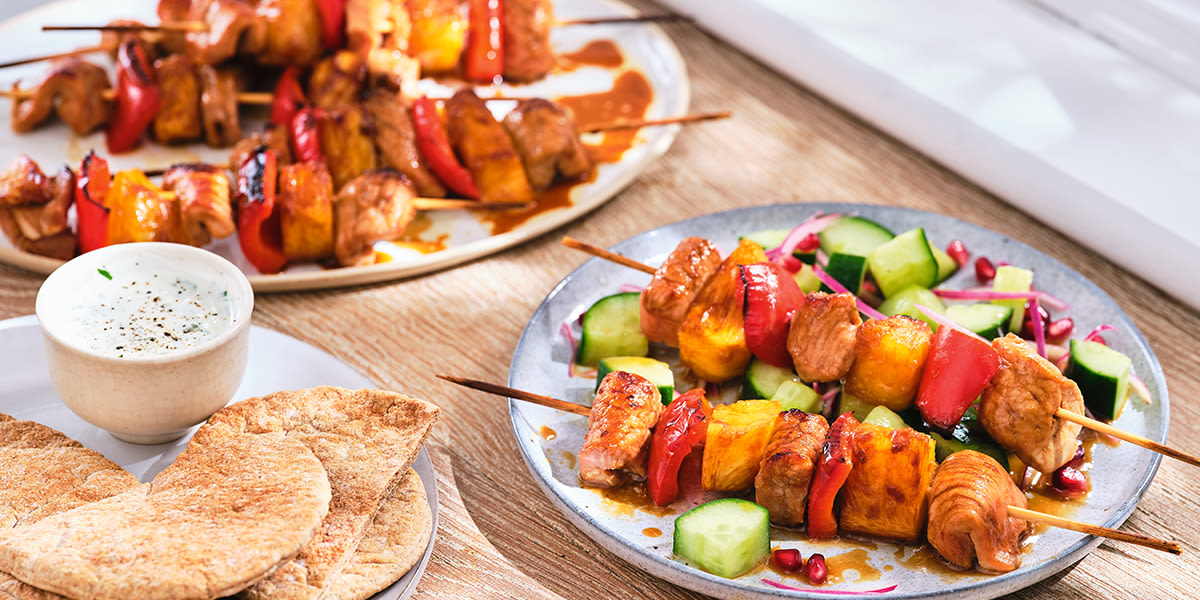 Pork & pineapple skewers with cucumber salad Pork & pineapple skewers with cucumber salad