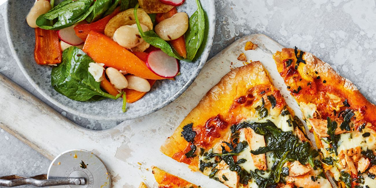 Keralan chicken pizza and autumn salad Keralan chicken pizza and autumn salad