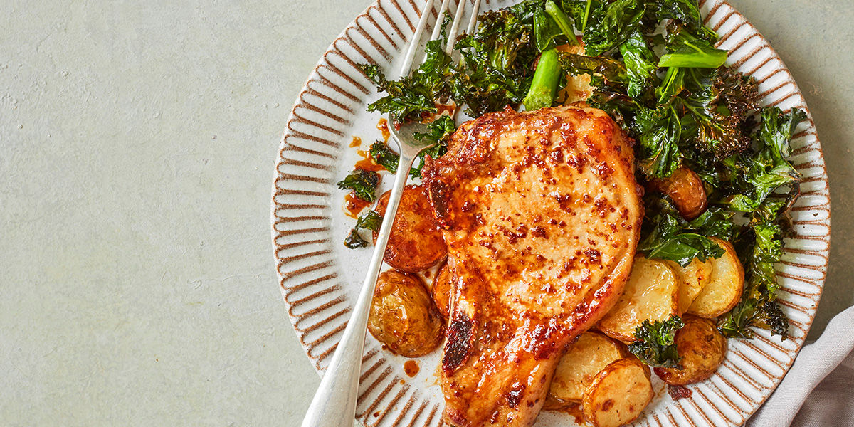 Maple pork chops and roasted greens Maple pork chops and roasted greens