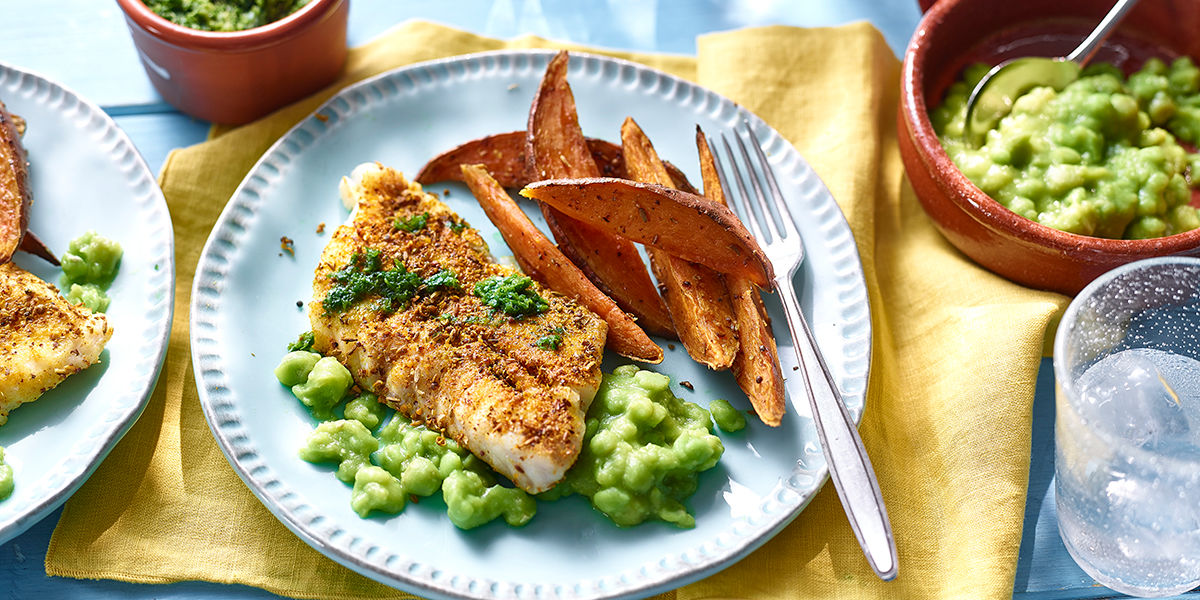 Spiced fish & chips with coriander chutney Spiced fish & chips with coriander chutney