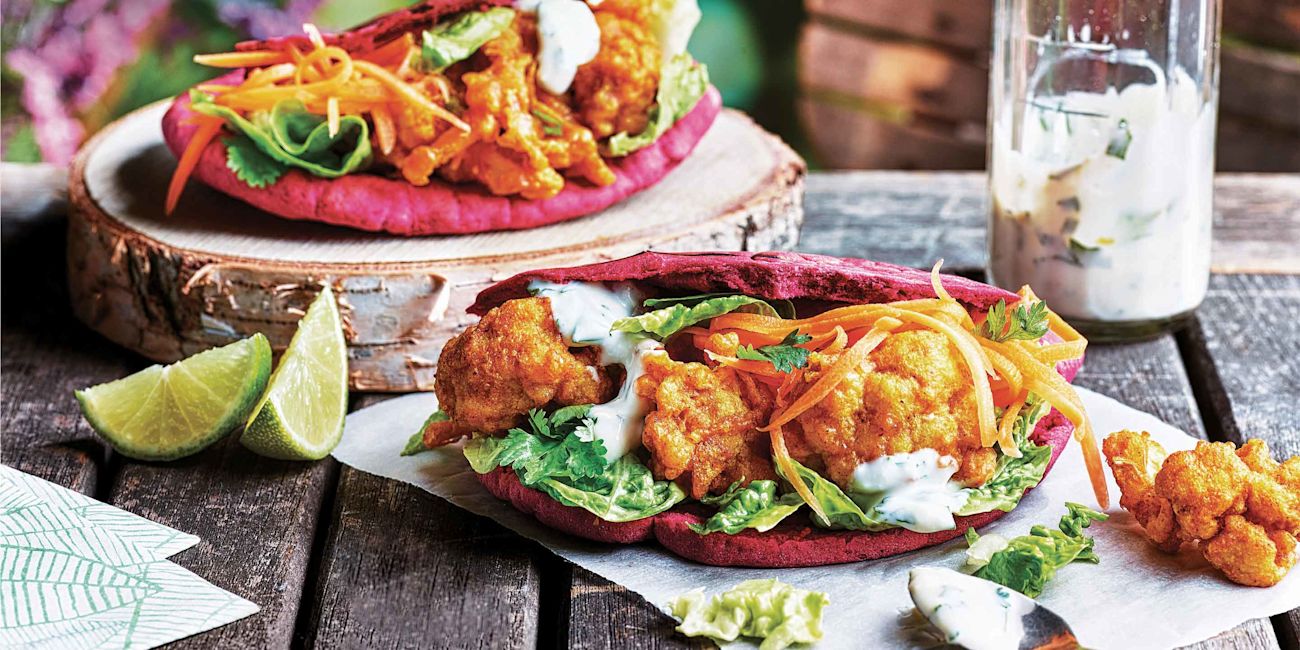 Beetroot pitta stuffed with cauliflower bhajis Beetroot pitta stuffed with cauliflower bhajis