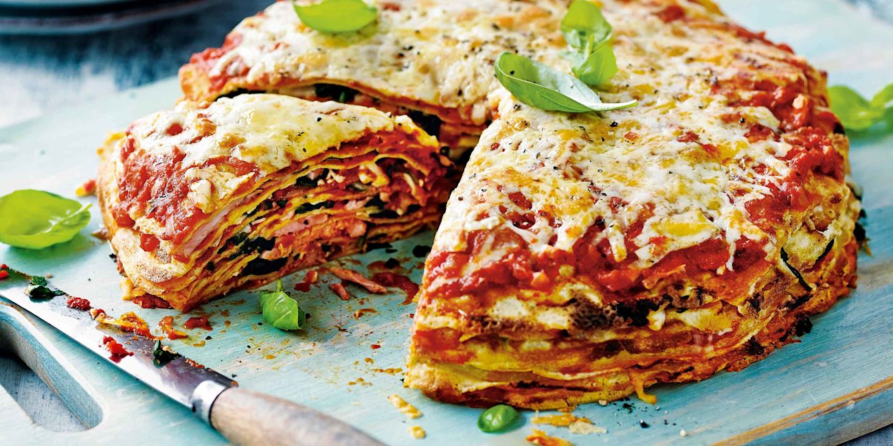 Cheese, ham and spinach crêpe cake Cheese, ham and spinach crêpe cake