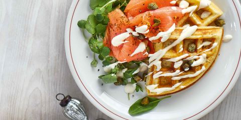 Waffles with Irresistible clementine smoked salmon