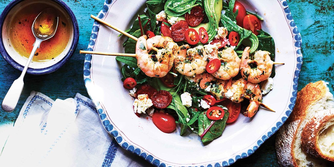 Griddled garlic prawns with chorizo salad Griddled garlic prawns with chorizo salad