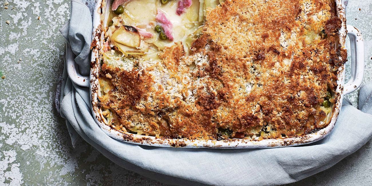 Jersey Royal, pea and ham gratin Jersey Royal, pea and ham gratin
