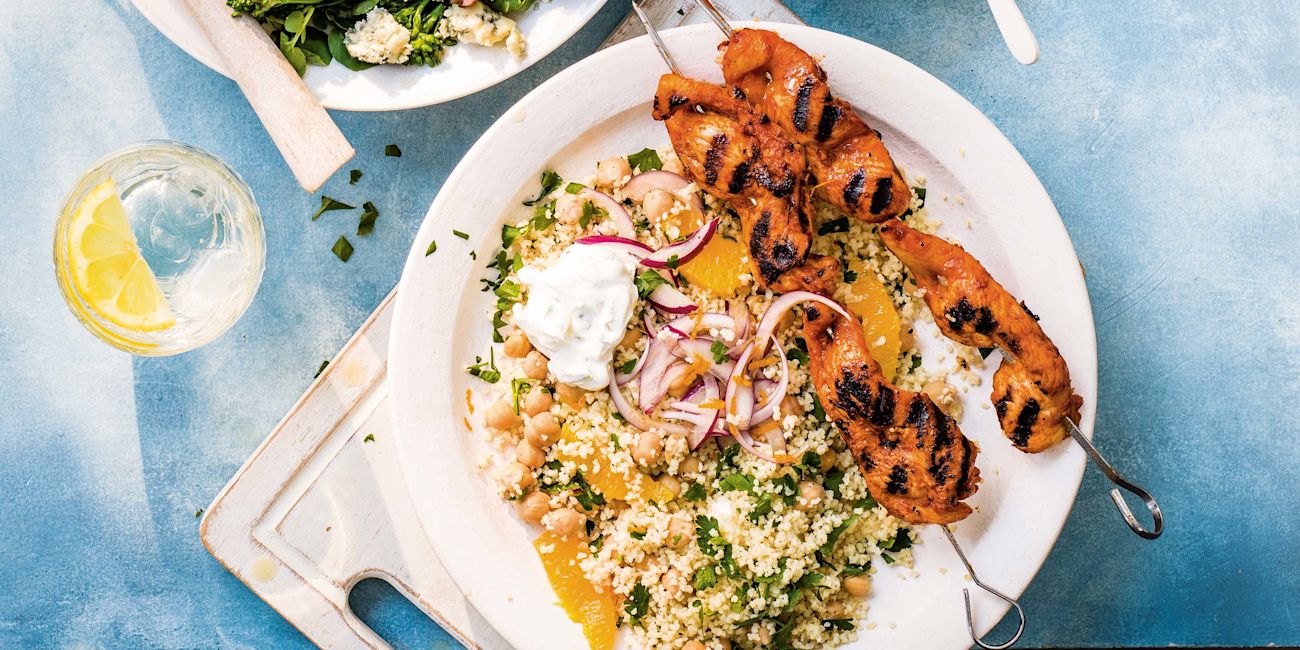 Paprika chicken kebabs with cous cous Paprika chicken kebabs with cous cous