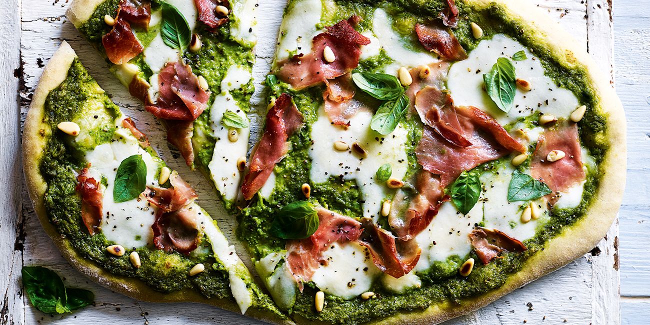 Pea pesto and prosciutto pizzas Pea pesto and prosciutto pizzas