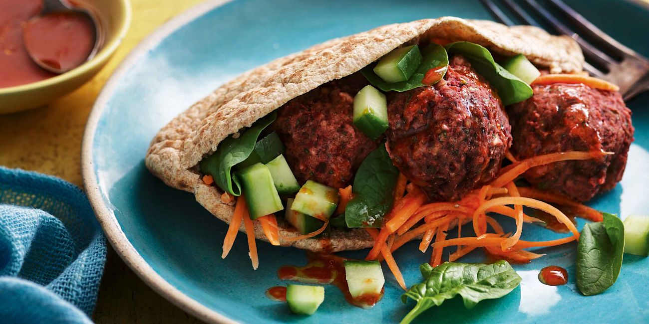 Beetroot falafel pitta with carrot pickle Beetroot falafel pitta with carrot pickle