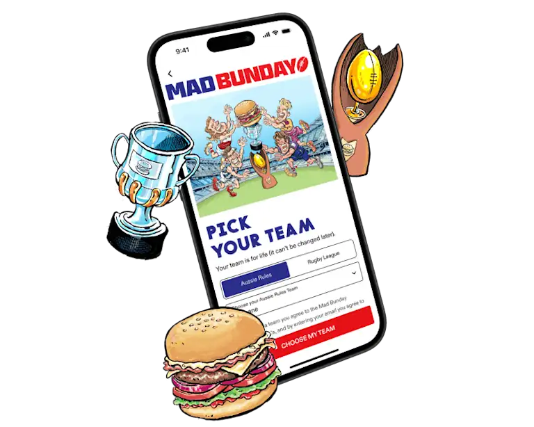 Grill'd app screen showing Mad Bunday “Pick Your Team” selection for Aussie Rules or Rugby League, promoting a free burger when your team wins on Mondays with a $20 dine-in spend, alongside illustrated burger and trophy graphics.
