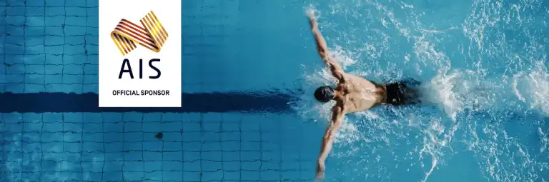 Athlete swimming in a pool with Australian Institute of Sport logo overlaid.