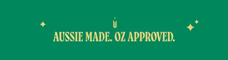 Gold gilded tex that reads "Aussie Made. Oz Approved." with gold sparkles and the Wicked movie logo.