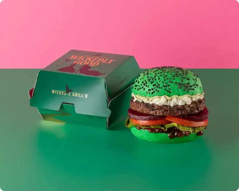 Grill'd Wicked Burger - a beef burger on a bright green bun, served in a Limited Edition wicked box.