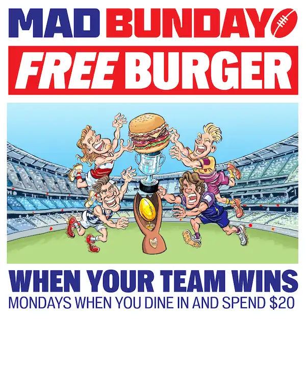 Promotional Mad Bunday graphic showing AFL players jumping to grab a burger trophy in a stadium, with text “Free Burger when your team wins – Mondays when you dine in and spend $20.”