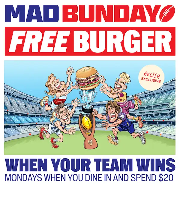 Promotional Mad Bunday graphic showing AFL players jumping to grab a burger trophy in a stadium, with text “Free Burger when your team wins – Mondays when you dine in and spend $20.”
