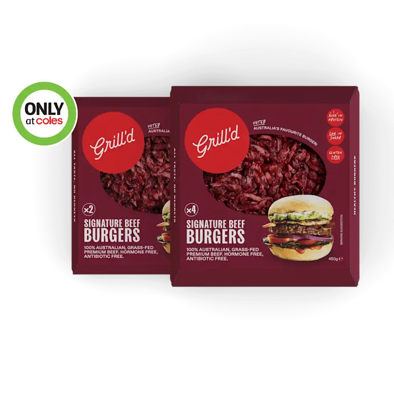 Grill'd signature beef patties - available only at Coles