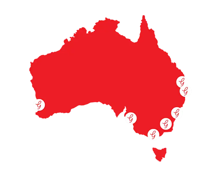 Map of Australia with City Support cities marked with a Grill'd logo