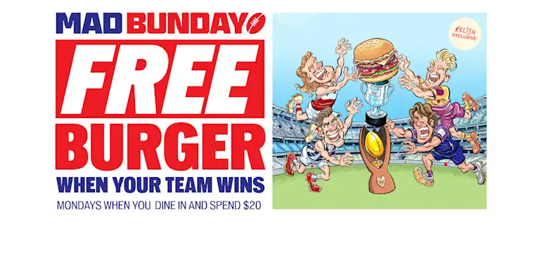 Promotional Mad Bunday graphic showing AFL players jumping to grab a burger trophy in a stadium, with text “Free Burger when your team wins – Mondays when you dine in and spend $20.”